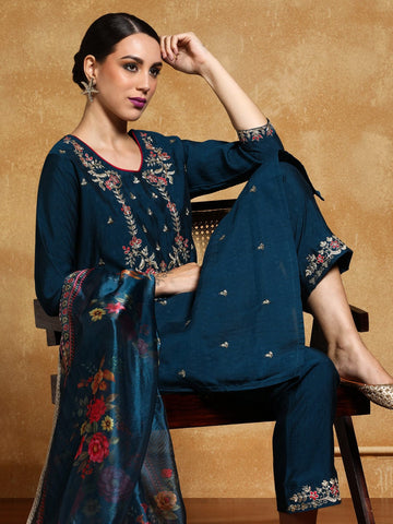 Varanga Women Zari Embroidered Yoke with all over Floral Motif Buta Kurta with Trouser & Dupatta